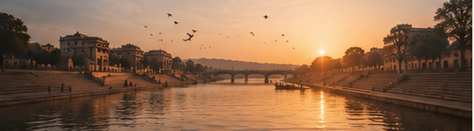 The Sabarmati riverfront at sunset, full of water